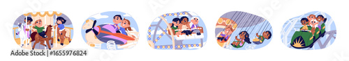 Happy children on carousels set. Kids ride roundabout, rollercoaster, spring rider in amusement park. Friends have fun on carrousels together. Flat isolated vector illustrations on white background.