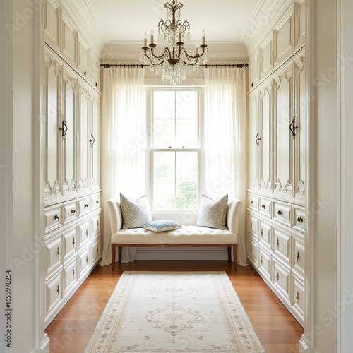 French provincial walk in dressing room with ornate moldings distressed white cabinetry crystal chandelier and soft morning light