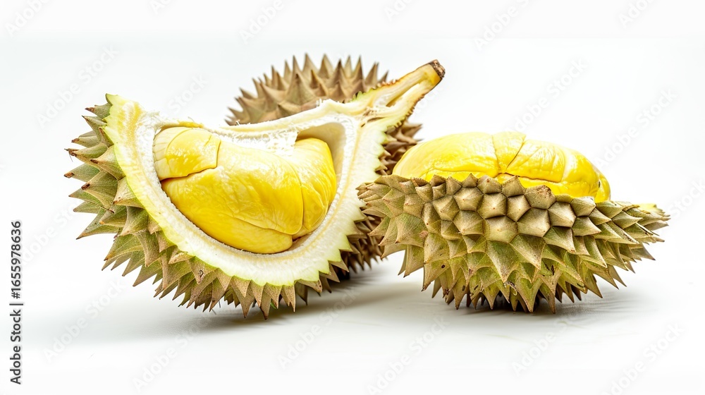 Fototapeta premium A Cut Open Durian: Spiky Exterior Split to Reveal Creamy, Pungent Flesh—Tropical King of Fruits Unveiling Its Rich, Aromatic Pulp in All Its Unique Glory
