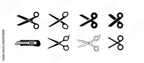 Icon set featuring various types of scissors and cutters