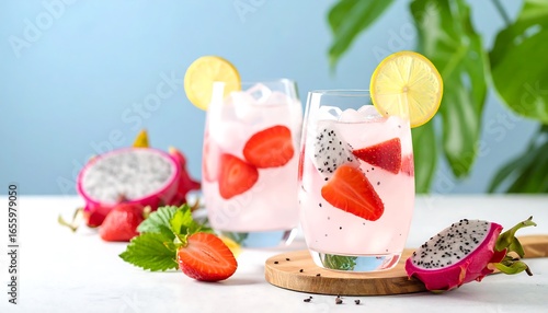 Refreshing summer drinks with dragon fruit and strawberries