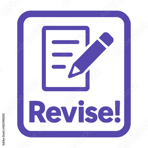 Purple revise icon with paper and pencil symbol and bold text inside rectangle