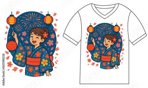 Fun children's t-shirt design with a cute matryoshka doll illustration and flowers in a Japanese cartoon style