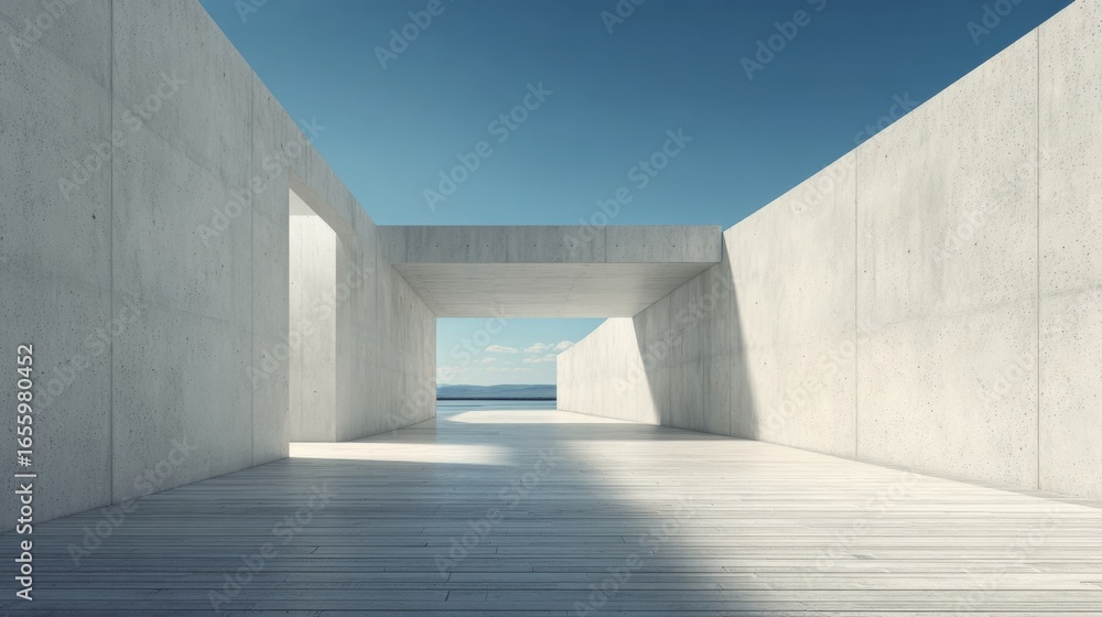 Obraz premium Modern minimalist architecture with clean lines, smooth concrete walls, warm wooden floor,