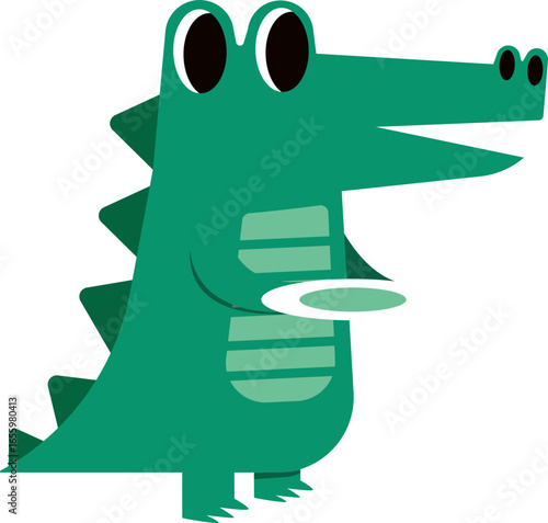 Cheerful green crocodile holding an empty plate, ready to eat.
