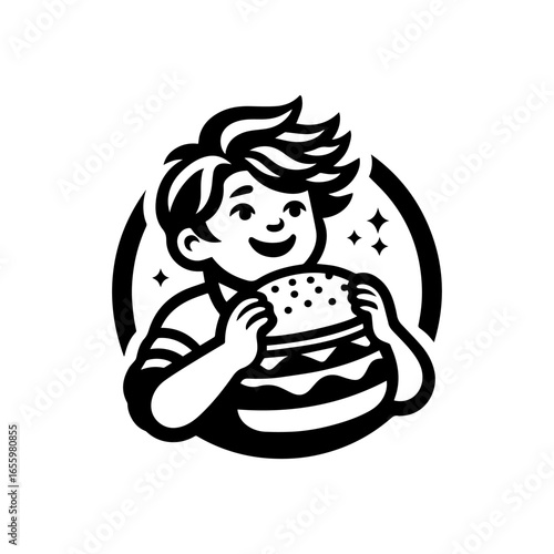 Joyful Boy Devouring Delicious Burger in Monochrome Illustration.
