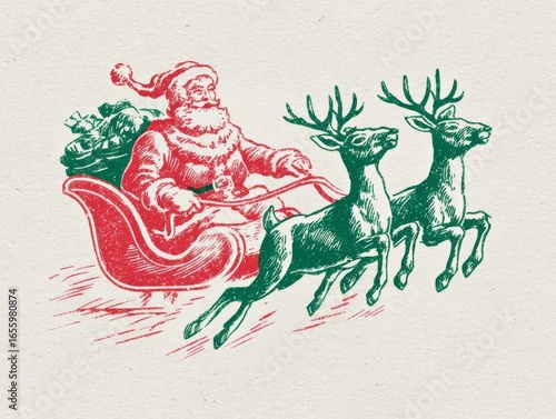 Santa Claus rides sleigh pulled two reindeer carrying sack of gifts. Vintage red and green style illustration. Perfect for greeting cards, seasonal posters or holiday packaging.