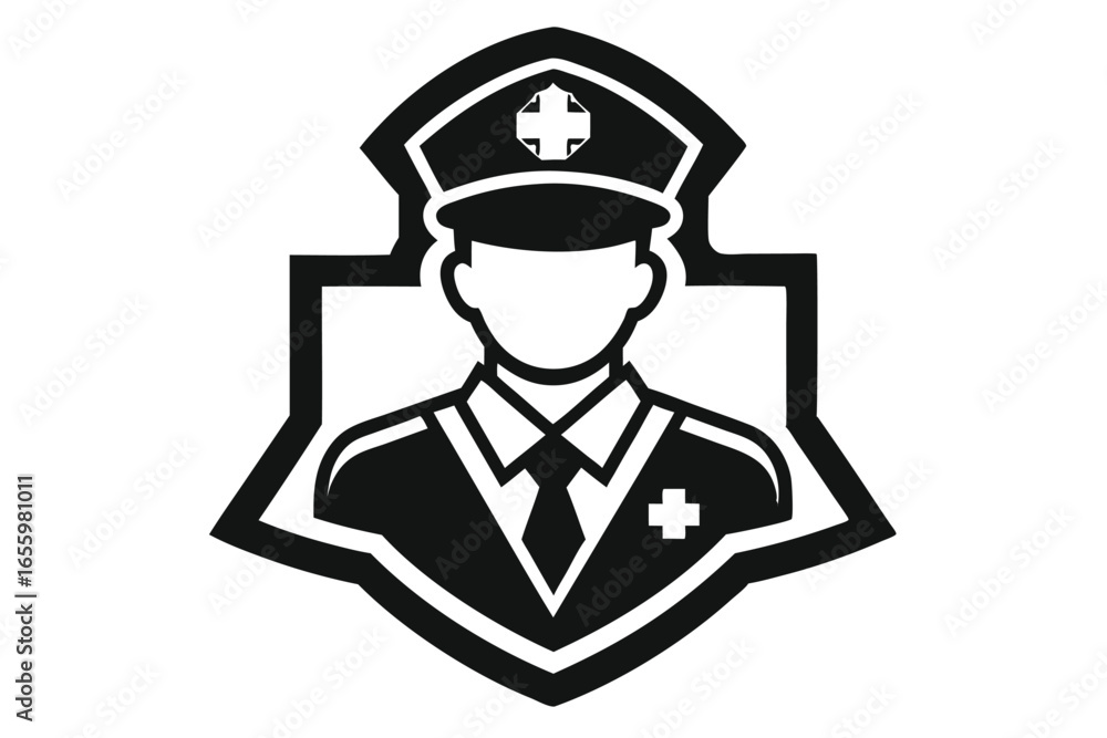 Black and White of Officer Silhouette with Shield Shape on White Black and White of Officer Silhouette with Shield Shape on White