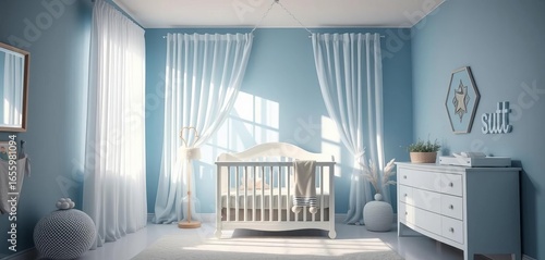 Serene blue nursery, airy curtains, cozy crib, soft lighting, peaceful haven,  serene,  sleep