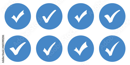 Check box icon with correct, accept checkmark icons blue tick box, check list circle frame. Checkbox symbol sign. Check mark box frame. Blue tick mark icon vector set. Blue checkmark icon set.
