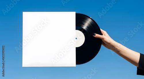 A person's hand holds a classic black vinyl record in a plain white album cover against a bright, clear blue sky.