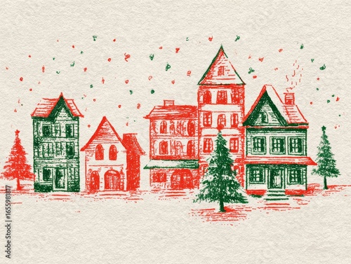 Christmas town street with snowy rooftops, decorated trees. Hand drawn snowy village perfect for cards, wrapping and seasonal prints. Textured retro style red and green hues illustration.