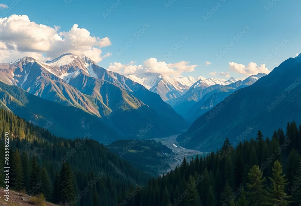 Fototapeta premium Vector seamless panorama of Karakoram Himalayan mountains, lush forests, and valleys, wilderness, outdoor