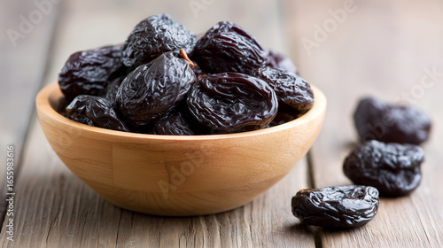 Wallpaper Mural Soft sun-dried prunes in a wooden bowl. Healthy food for gut and digestion Torontodigital.ca