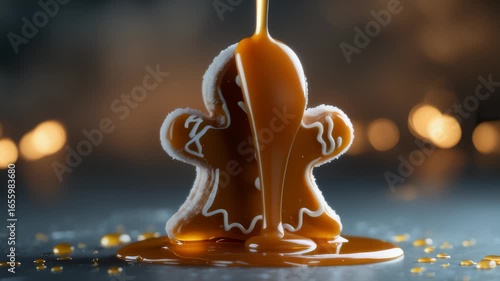 Gingerbread Man with Caramel Glaze and Golden Bokeh