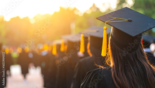 Golden Hour Graduation:  Rear View of Female Graduate in Cap and Gown,  Walking with Fellow Graduates at Sunset Ceremony.