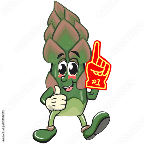 cute asparagus cartoon mascot character vector illustration raise foam finger, work of hand drawn
