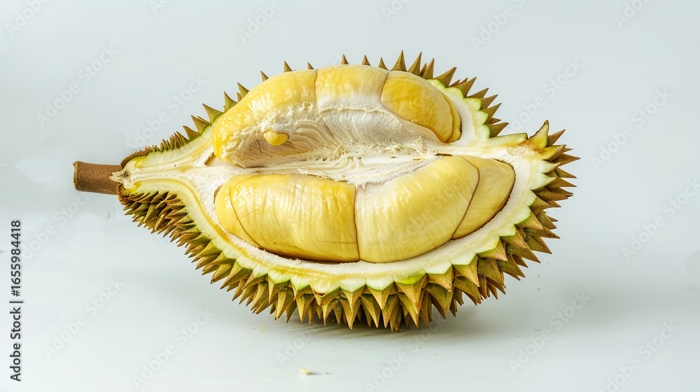 Fototapeta premium A Cut Open Durian: Spiky Exterior Split to Reveal Creamy, Pungent Flesh—Tropical King of Fruits Unveiling Its Rich, Aromatic Pulp in All Its Unique Glory