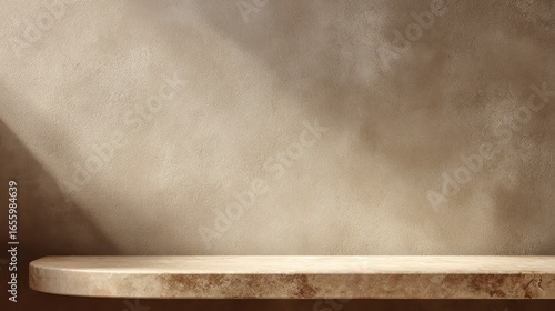 Textured off white plaster wall with warm lighting gradient, natural wooden counter resembling marble,