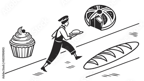 Baker running with various baked goods including cake, bread and pie in a vector illustration design