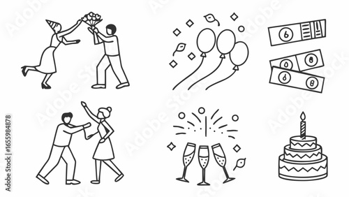 Celebration icons conveying festive occasions like parties, birthdays, and special events with joyful gatherings and celebratory elements in a vector design