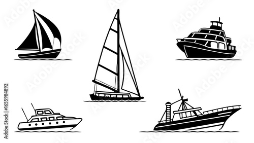 Diverse boat collection showcasing sailboats and motorboats in detailed black and white vector illustrations for nautical themes