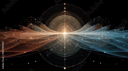 Harmonic resonance lines weaving through celestial orbits, guided by phantom gravity in deep space