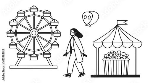 Festive Carnival Scene with Ferris Wheel, Balloons, Tent, and a Masked Person Enjoying the Ambiance on a Sunny Day
