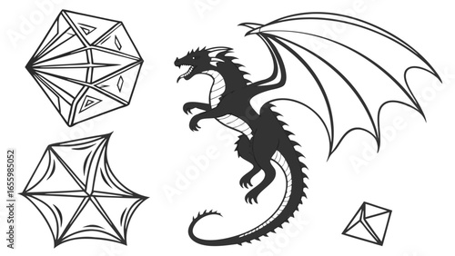 Illustration of a Silhouette Dragon Flying Near Geometric Dices in Black and White, Fantasy Creature Art