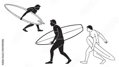 Illustrations of surfers carrying surfboards in various poses showcasing an active lifestyle and beach culture with a clean vector design for graphic applications
