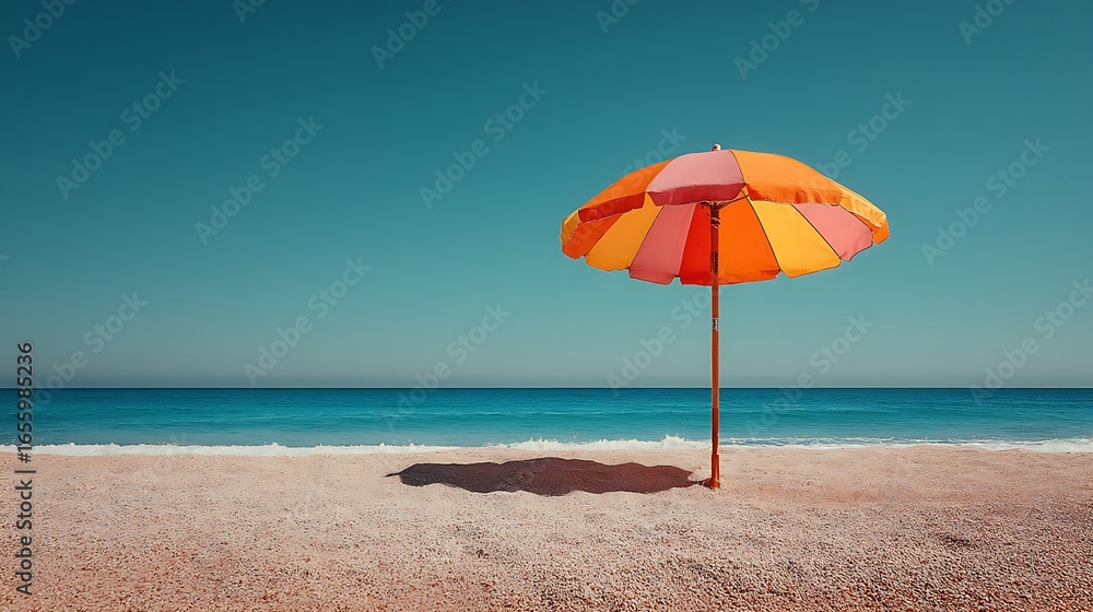 Sunny tropical beach with single umbrella and vast empty sand space for summer getaway, leisure lifestyle, vacation planning, sunbathing and travel inspiration. Sunny tropical beach with single umbrella and vast empty sand space for summer getaway, leisure lifestyle, vacation planning, sunbathing and travel inspiration.