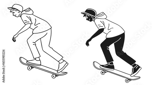 Skateboarder illustration in action with a cap and hoodie performing tricks, with a filled and line art version, side view on a white background