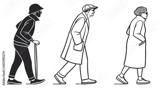 Three elderly individuals walking side by side wearing hats and coats in a vector illustration with different styles and colors
