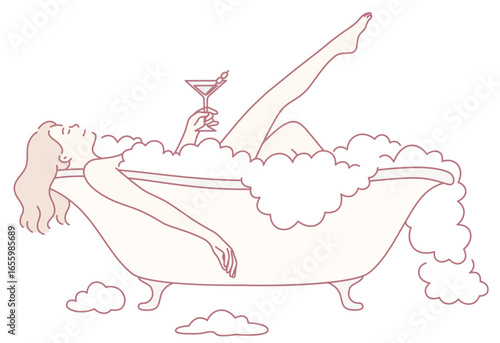 A serene and beautiful illustration of a woman delighting in a luxurious bath while savoring a cocktail