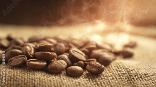 Warm coffee beans on burlap fabric, close-up of roasted texture and steaming freshness.