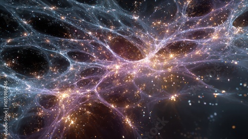 Multidimensional cosmic strings connecting energy and light in entangled geometric patterns.