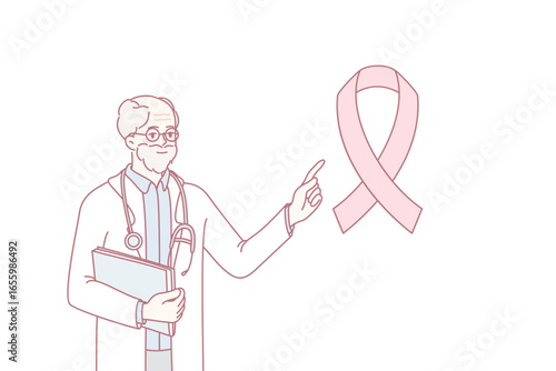 Old male doctor in white medical uniform point at pink ribbon raise awareness of oncology. Man oncologist talk about cancer and treatment. Healthcare and medicine. Vector illustration.
