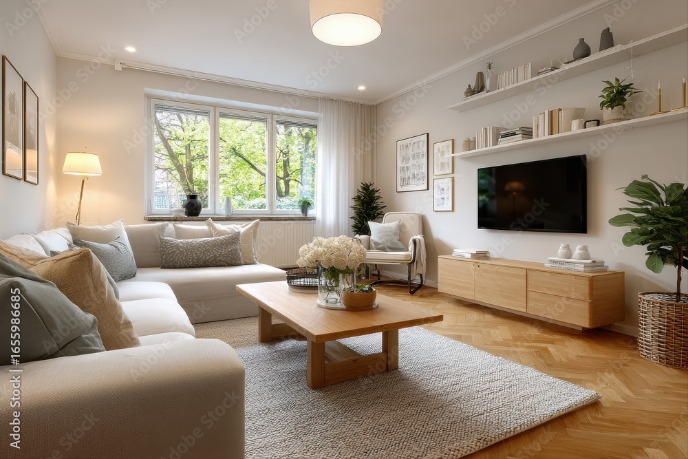 Fototapeta premium Modern Living Room with Natural Light and Cozy Decor