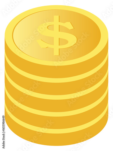 Five Stacked Gold Gradient Dollar Coin from Front Bottom Side