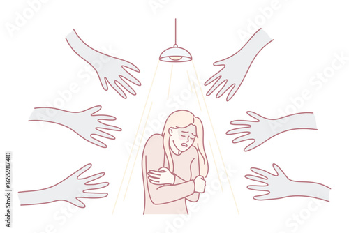 Terrified woman stand under spotlight haunted by numerous black hands. Unhappy scared girl suffer from psychological problems, have fears and anxiety. Vector illustration.