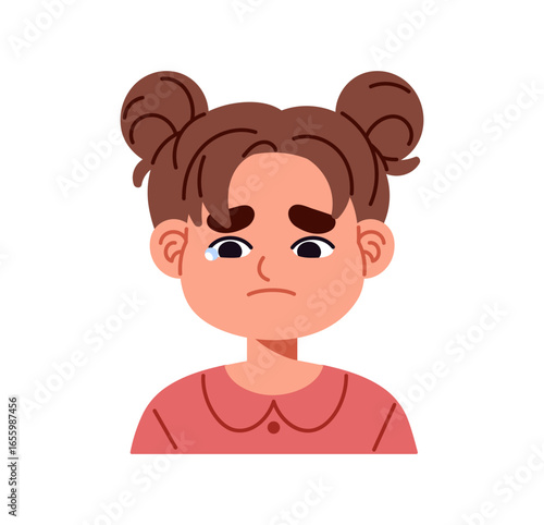 Sad kid is crying. Little girl with grief emotions on her face is weeping. Avatar of upset child with tears. Portrait of sobbing person in sorrow. Flat isolated vector illustration on white background