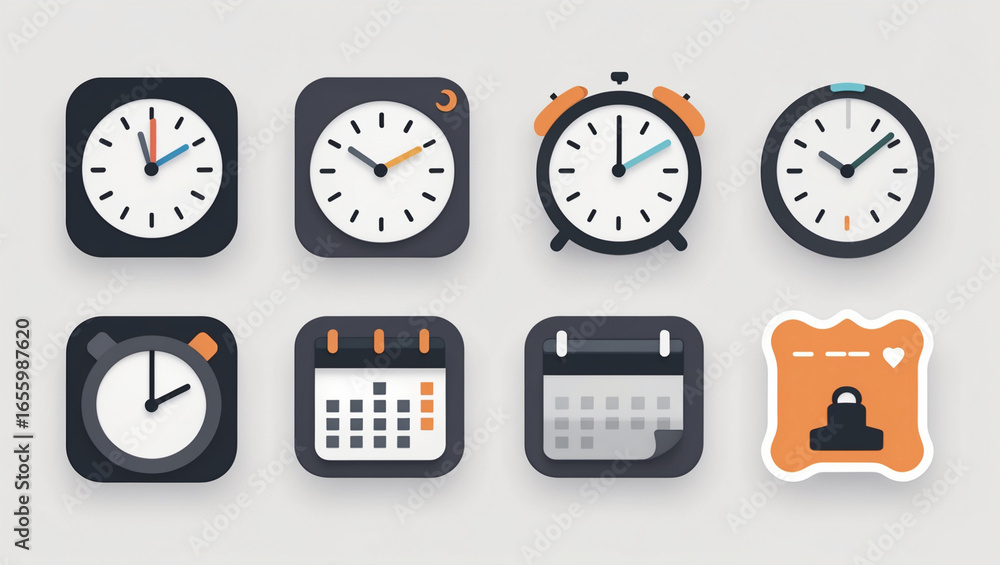 Obraz premium Collection of various clocks and calendars icons on a light background