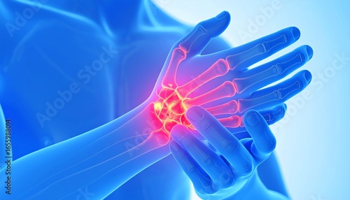 Radiographic view of human hand bones with wrist pain highlighted in red