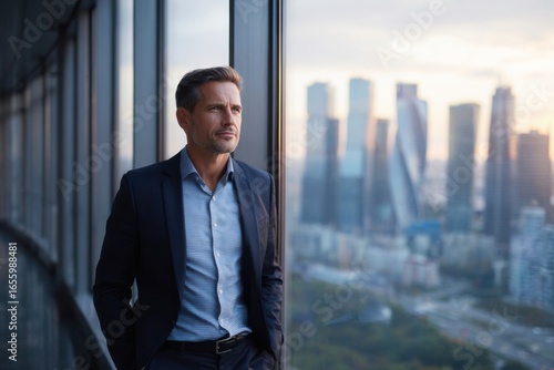 Confident Man Looking Out Over City Skyline at Sunset