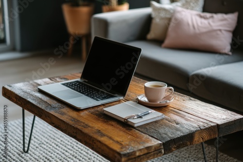 Cozy Workspace with Laptop, Notebook, and Coffee on Wooden Table