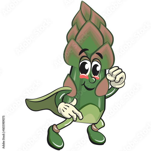 cute asparagus cartoon mascot character vector illustration as flying superhero wearing a robe, work of hand drawn