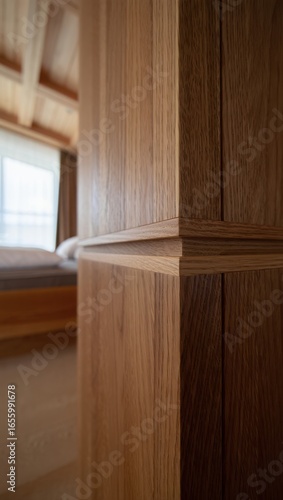 Interior view of a wooden cabin with a window and bed