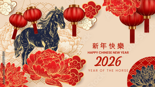 Happy chinese new year 2026 the horse zodiac sign with flower vector illustration background