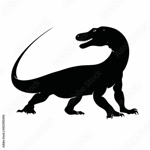 Silhouette of a four-legged dinosaur with a long tail and neck, walking on a white background.