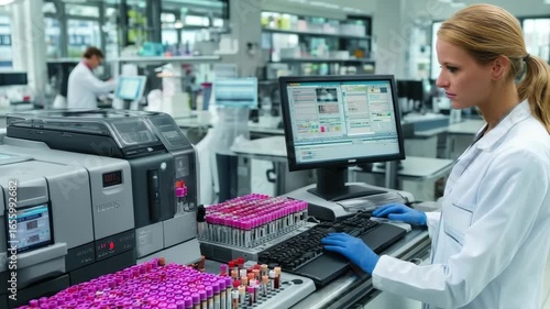 Focused Medical Laboratory Technician Analyzing Blood Samples on Advanced Equipment